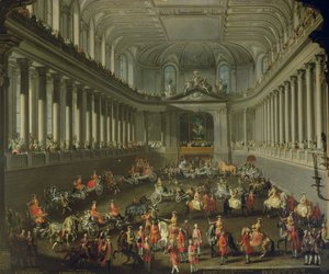 Eine Kavalkade in der Winterreitschule der Wiener Hofburg zur Feier des Sieges über die französische Armee in Prag, 1743