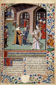 Allegorie der Tugend: Vasall, der seinem Herrn in Anwesenheit der Tugend Tribut zollt. Miniatur aus "Der Geist von Fortuna und Tugend" von Martin Le Franc (1410-1461) 1447-1448, Paris B.N. von Martin Le Franc
