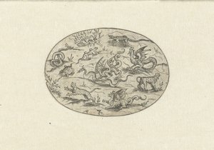 Oval mit Reptilien, Katzenartigen und Fantasiewesen von Martin Pleginck