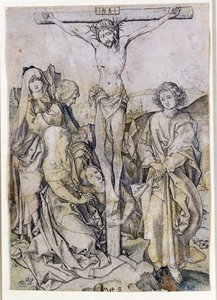 Christus am Kreuz, mit der Jungfrau und St. Johannes (Gravur) von Martin Schongauer