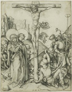 Die Kreuzigung mit den heiligen Frauen, St. Johannes und römischen Soldaten von Martin Schongauer