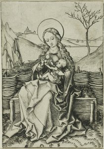 Die Madonna und das Kind auf einer grasbewachsenen Bank