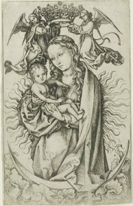 Die Madonna auf der Mondsichel, gekrönt von zwei Engeln von Martin Schongauer
