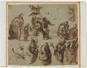 Verschiedene Skizzen der Madonna und des Kindes (recto) Architektonische Studien (verso) [teilweise sichtbar auf recto] von Martin Schongauer
