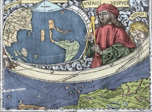 VESPUCCI, Amerigo (1454-1512). Italienischer Entdecker und Kartograph in „Waldseemüller-Karte oder Universalis Cosmographia - (Universale Kosmographie) - Waldseemüller-Planisphäre“ - 1507