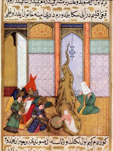 Die Geburt des Propheten Muhammad. Miniatur aus „Siyer-i Nebi“, einem epischen Gedicht über das Leben des Propheten Muhammad, geschrieben von Mustafa, Sohn von Yusuf aus Erzurum unter der Herrschaft von Murad III. (1574-1595). Miniatur von Lutfi Abdullah