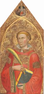 Diakon Heiliger, mit Heiliger Antonius Abt oben, [rechtes Panel], ca. 1415-1420