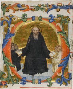 Der heilige Benedikt überreicht seine Regel den Benediktiner- und Zisterziensermönchen in einem historisierten Initial "O" aus einem Chorbuch
