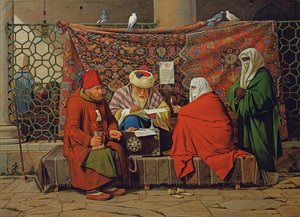 Ein türkischer Notar, der vor der Kilic Ali Pasha Moschee in Tophane, Konstantinopel, einen Ehevertrag aufsetzt