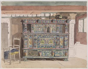 Bemalter Schrank, datiert 1727, in einem Raum von Læsø von Martinus Rørbye