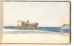 Ein Pferdewagen, der auf einer Düne nahe dem Wasser hält; zwei Menschen gehen auf den Wagen zu