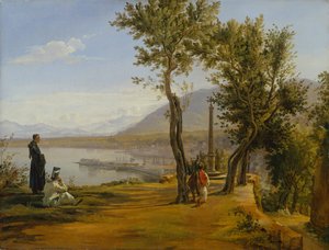 Figuren an einem Schrein, ein Hafen dahinter von Martinus Rorbye
