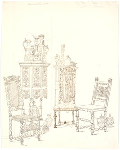 Alte Stühle und Schränke mit Steingut von Martinus Rørbye
