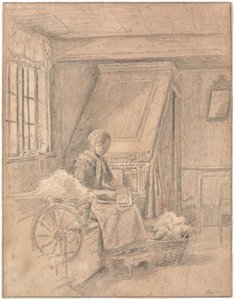Bauernstube mit Mädchen, das Wolle kämmt