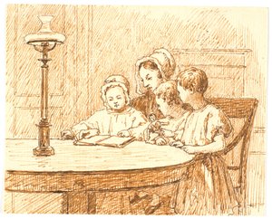 Eine Mutter zeigt drei Kindern ein Buch von Martinus Rørbye