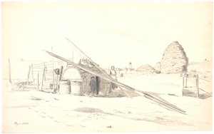 Fischerhütte in Skagen Østerby, mit dem weißen Leuchtturm im Hintergrund von Martinus Rørbye