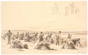 Erntearbeiter auf dem Feld. Im Hintergrund Mühlen und das Meer von Martinus Rørbye