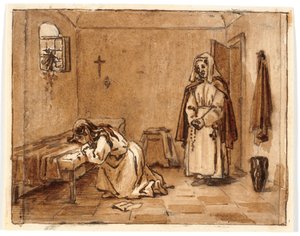 Kompositionsstudie mit einer knienden, weinenden Frau, auf dem Boden ein Brief, hinter ihr eine Nonne