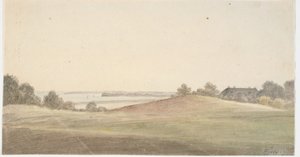Landschaft mit Wasser im Hintergrund und Haus rechts von Martinus Rørbye