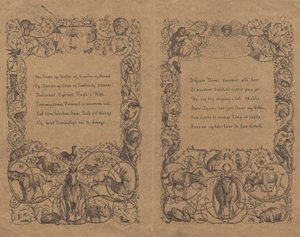 Zwei Umschläge mit verschlungenem Kettenornament mit Tieren für "Halvhundrede Fabler for Børn" mit Schrift von Martinus Rørbye
