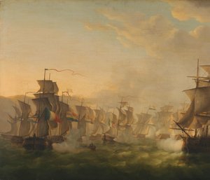 Zusammenstoß der niederländischen und britischen Flotten während der Passage der niederländischen Flottille nach Boulogne (1804) von Martinus Schouman (signed by artist)