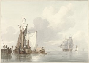 Flussansicht mit vertäuten Schiffen von Martinus Schouman