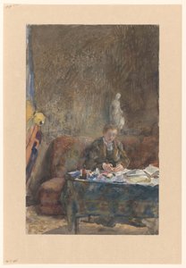 Interieur mit schreibendem Mann auf Sofa hinter Tisch von Martinus van Andringa