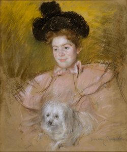 Frau im Himbeerkostüm mit einem Hund von Mary Cassatt