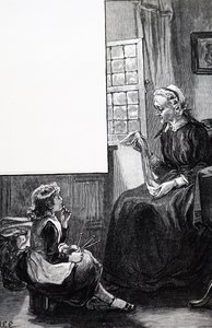 Eine Großmutter begutachtet die Strickversuche des Kindes von Mary Ellen Edwards