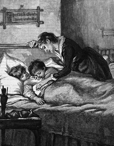 Eine Mutter überprüft ihre schlafenden Kinder
