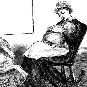 Eine Mutter, die ihr Kind auf einem Schaukelstuhl kuschelt von Mary Ellen Edwards