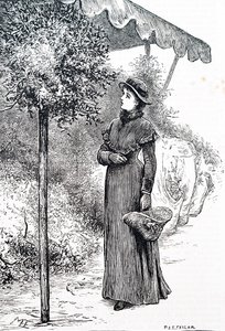 Eine Frau kauft Stechpalmen für Weihnachtsdekorationen. Von Mary Ellen Edwards (1838-1934), einer englischen Künstlerin von Mary Ellen Edwards