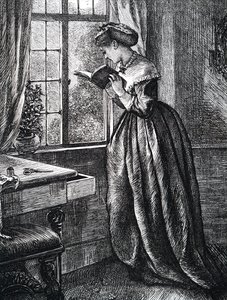 Eine junge Frau liest an einem offenen Fenster. von Mary Ellen Edwards