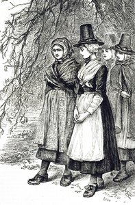 Eine Gravur, die walisische Mädchen auf einem Hollantide-Markt, einem Einstellungsmarkt, darstellt, die darauf warten, als Hausangestellte engagiert zu werden. Illustriert von Mary Ellen Edwards (1838-1934), einer englischen Künstlerin und Illustratorin vo von Mary Ellen Edwards
