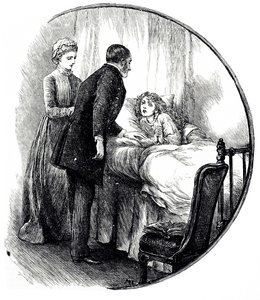 Eine Gravur, die einen Arzt zeigt, der seinen jungen Patienten zu Hause besucht. Illustriert von Mary Ellen Edwards (1838-1934), einer englischen Künstlerin und produktiven Illustratorin von Kinderbüchern