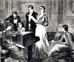 Eine Gravur, die einen musikalischen Abend darstellt. Illustriert von Mary Ellen Edwards (1838-1934), einer englischen Künstlerin und Illustratorin von Kinderbüchern von Mary Ellen Edwards