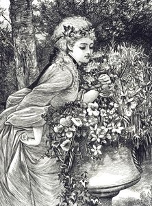 Eine Gravur, die ein junges Mädchen zeigt, das an Blumen riecht, die in einer Gartenurne untergebracht sind. Illustriert von Mary Ellen Edwards (1838-1934), einer englischen Künstlerin und Illustratorin von Kinderbüchern