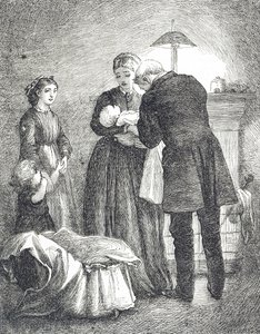 Gravur, die einen Arzt zeigt, der ein Baby mit Masern untersucht von Mary Ellen Edwards