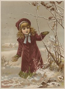 Mädchen bringt Brot, um Vögel im Schnee zu füttern von Mary Ellen Edwards