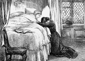 Illustration einer Tochter, die am Sterbebett ihrer Mutter weint