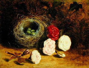 Stillleben mit Vogelnest und Rosen