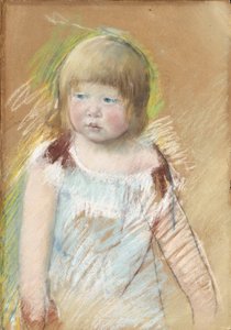Kind mit Ponyfrisur in einem blauen Kleid, ca. 1910