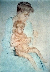 Frau hält ein kleines nacktes Kind auf dem Schoß und manikürt ihre Fingernägel, ca. 1904. Pastell. Mary Cassatt (1844-1926) amerikanische Malerin und Grafikerin, die ab 1866 hauptsächlich in Frankreich lebte. Häusliche Mutter Kind