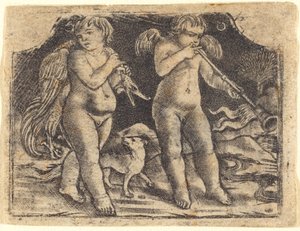 Amor trägt ein Geflügel, begleitet von einem Hund, und ein anderer Amor spielt Trompete von Maso Finiguerra