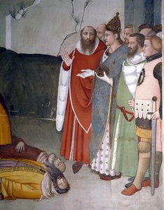 Episoden von Silvester: Papst Sankt Silvester I. (Silvester oder Silvestro) (314-335) erweckt zwei Magier (Sankt Silvester erweckt zwei Magier) Fresko von Maso di Banco (bekannt um 1341-1346) 14. Jahrhundert Florenz, Chiesa di Santa Croce, Cappella Bardi