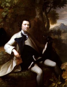 Francis Popham (gest. 1780) sitzt in einer bewaldeten Landschaft mit seinem Windhund von Mason Chamberlain