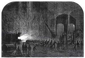 Prozess des Walzens von Panzerplatten für die Schiffe Ihrer Majestät in den Alas Stahlwerken, Sheffield, Illustration aus 
