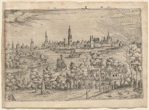 Blick über einen Fluss auf eine ummauerte Stadt bei Sonnenuntergang von Master CR