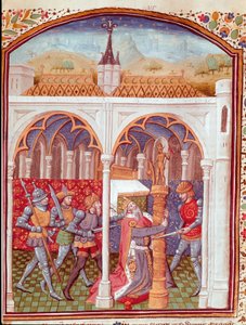 Ermordung eines Miniaturkönigs aus Fälle edler Männer und Frauen Unglücke (De casibus) von Giovanni Boccaccio, übersetzt von Laurent de Premierfait und illuminiert vom Meister von Dunois von Master Dunois