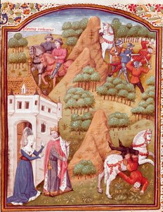 Seleukos I. Nikator und sein Vater Antiochos, König von Asien und Syrien. Einer der beiden Könige wird ermordet, Pferd fällt. Miniatur aus Fälle edler Männer und Frauen Unglücke (De casibus) von Giovanni Boccaccio